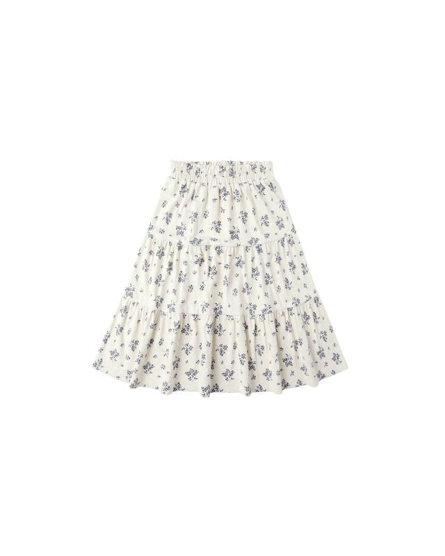 Blue Floral Ruffle Tiered Midi Skirt
