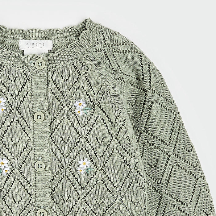 Sage Floral Pointelle Knit Cardigan