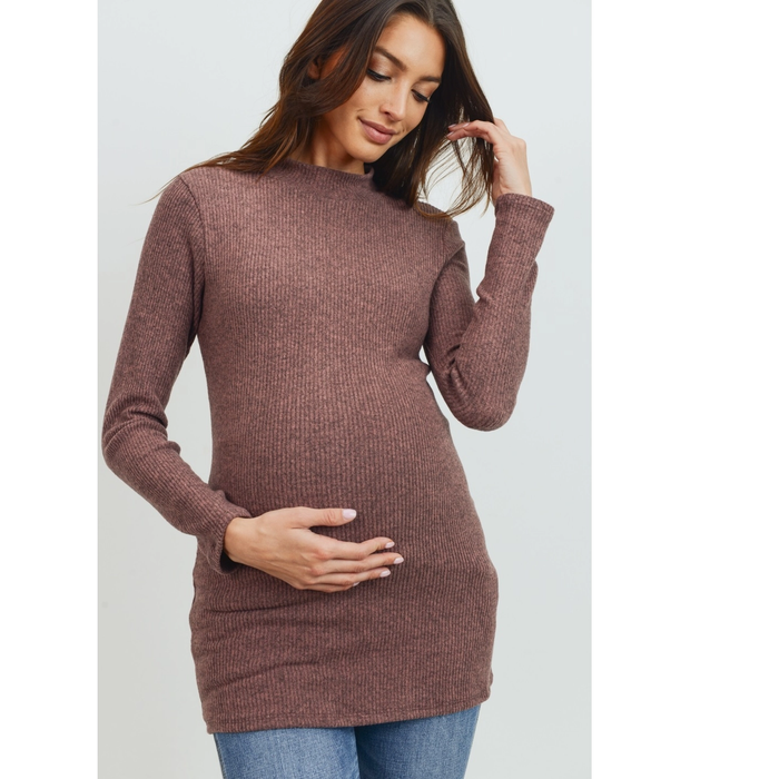 Mauve Mock Neck Maternity Ribbed Top