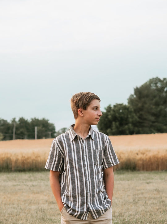 Men's Charcoal Stripe Linen Button Up