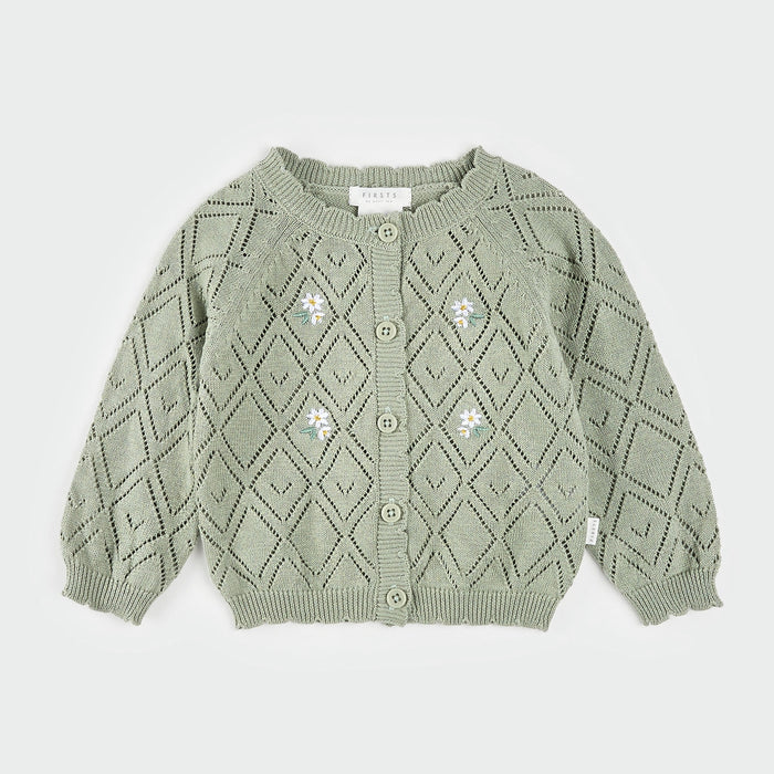 Sage Floral Pointelle Knit Cardigan