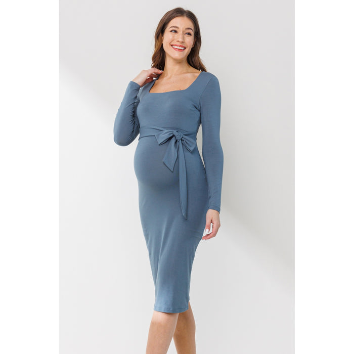 Blue Square Neck Maternity Dress