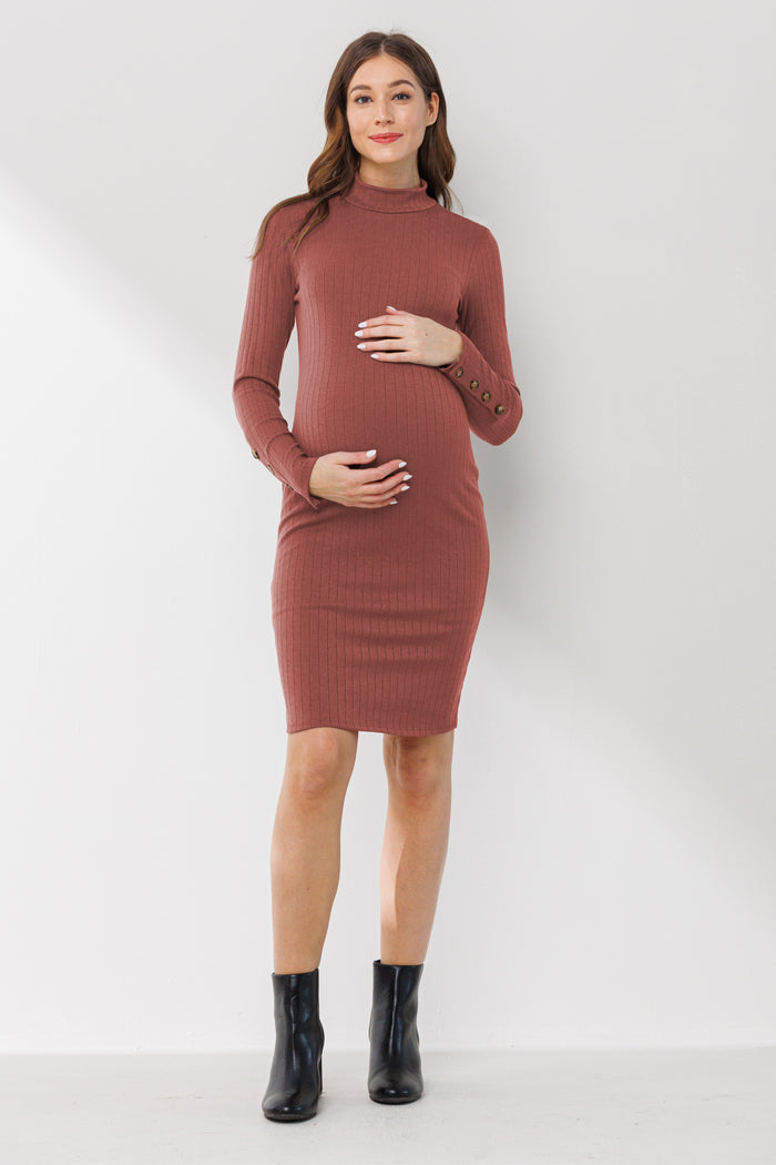 Rust Mock Neck Button Sleeve Maternity Dress