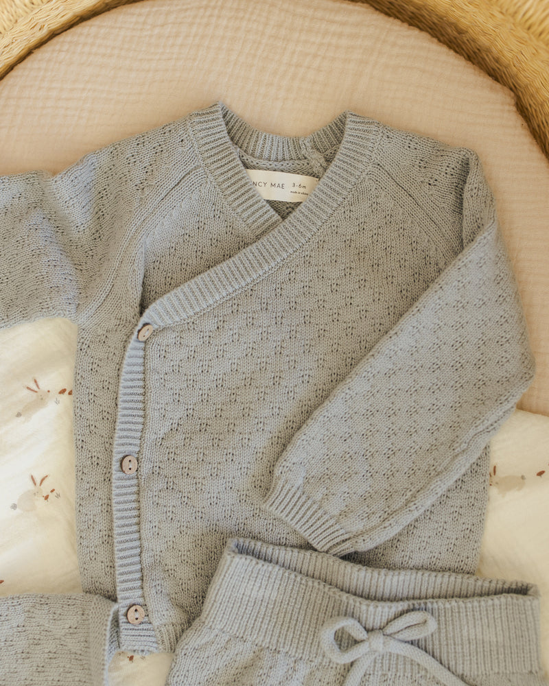 Steel Blue Knit Wrap Top + Pant Set