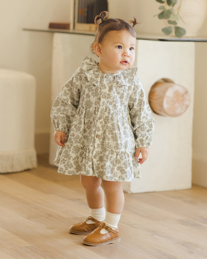 Green Floral Ruffle Collar Button Dress