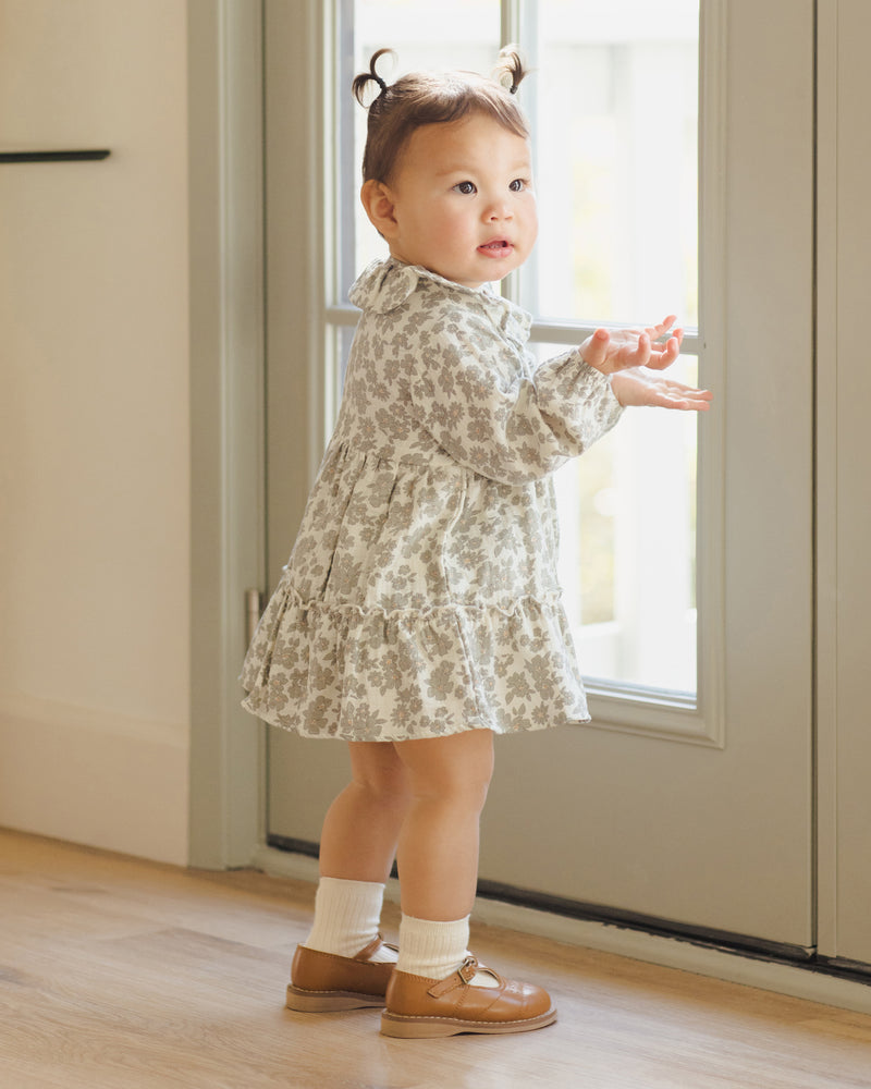 Green Floral Ruffle Collar Button Dress