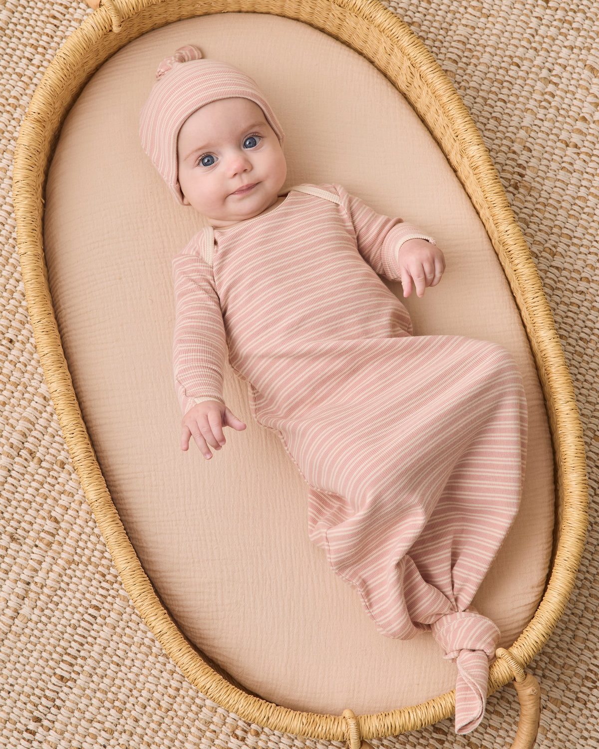 Dusty Rose Stripe Knotted Gown + Hat Set
