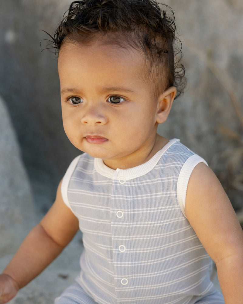 Blue Pinstripe Ribbed Henley Romper