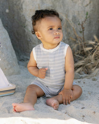 Blue Pinstripe Ribbed Henley Romper