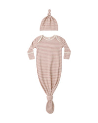 Dusty Rose Stripe Knotted Gown + Hat Set