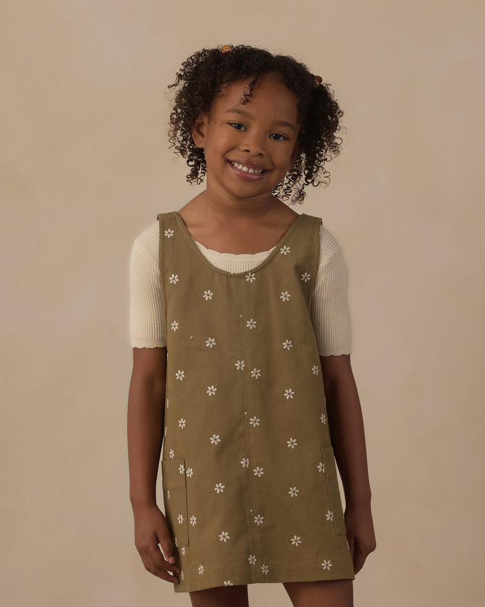Embroidered Daisies V-Neck Overall Dress