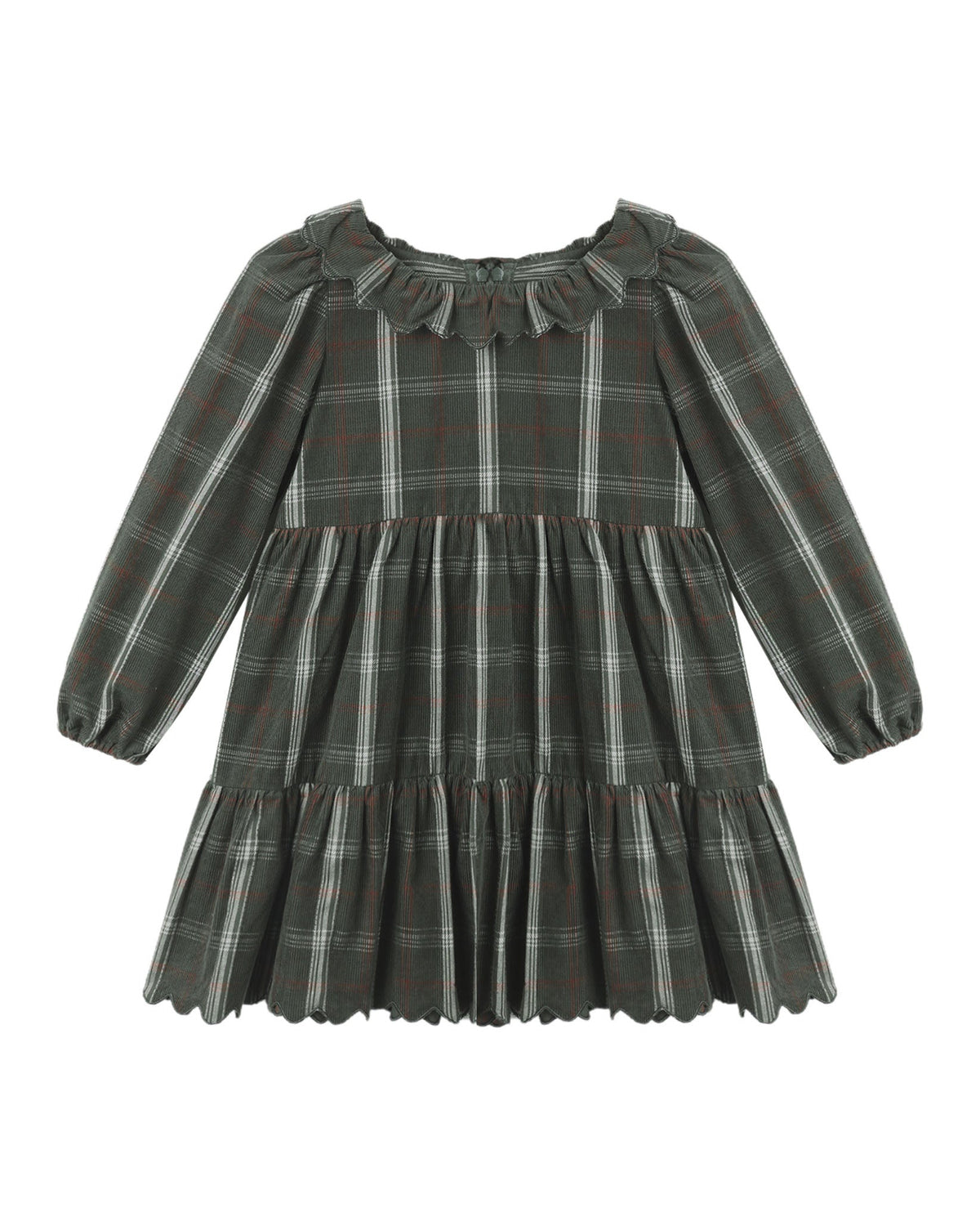A toddler's long-sleeve dress in a dark green and gray plaid pattern, featuring a ruffled collar and a tiered skirt, shown against a plain white background.
