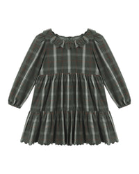 A toddler's long-sleeve dress in a dark green and gray plaid pattern, featuring a ruffled collar and a tiered skirt, shown against a plain white background.