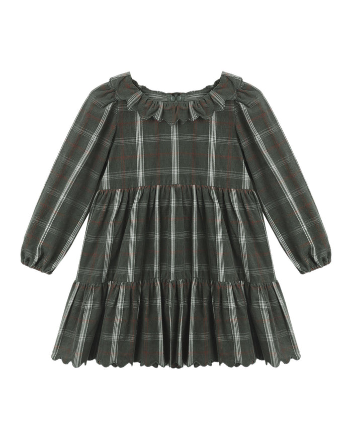 A toddler's long-sleeve dress in a dark green and gray plaid pattern, featuring a ruffled collar and a tiered skirt, shown against a plain white background.