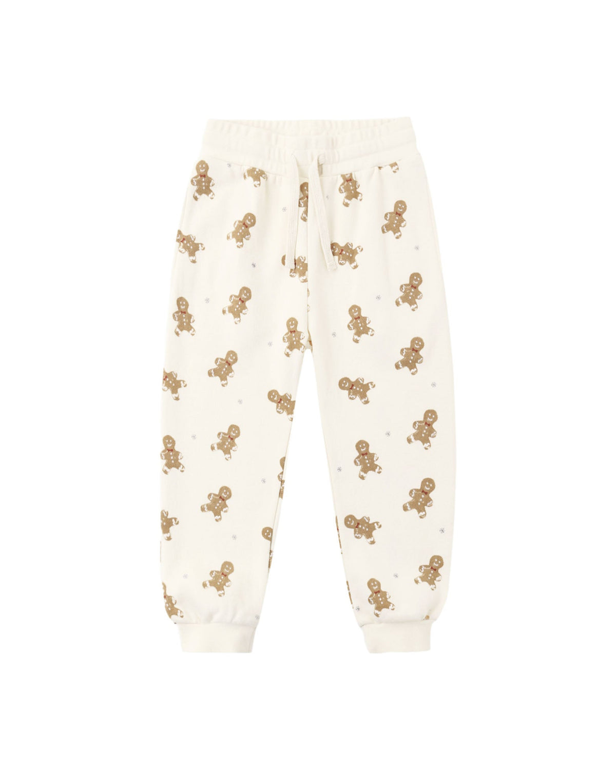 Off-white jogger pants with an all-over print of small brown gingerbread cookies, featuring an elastic waistband and ribbed ankle cuffs.