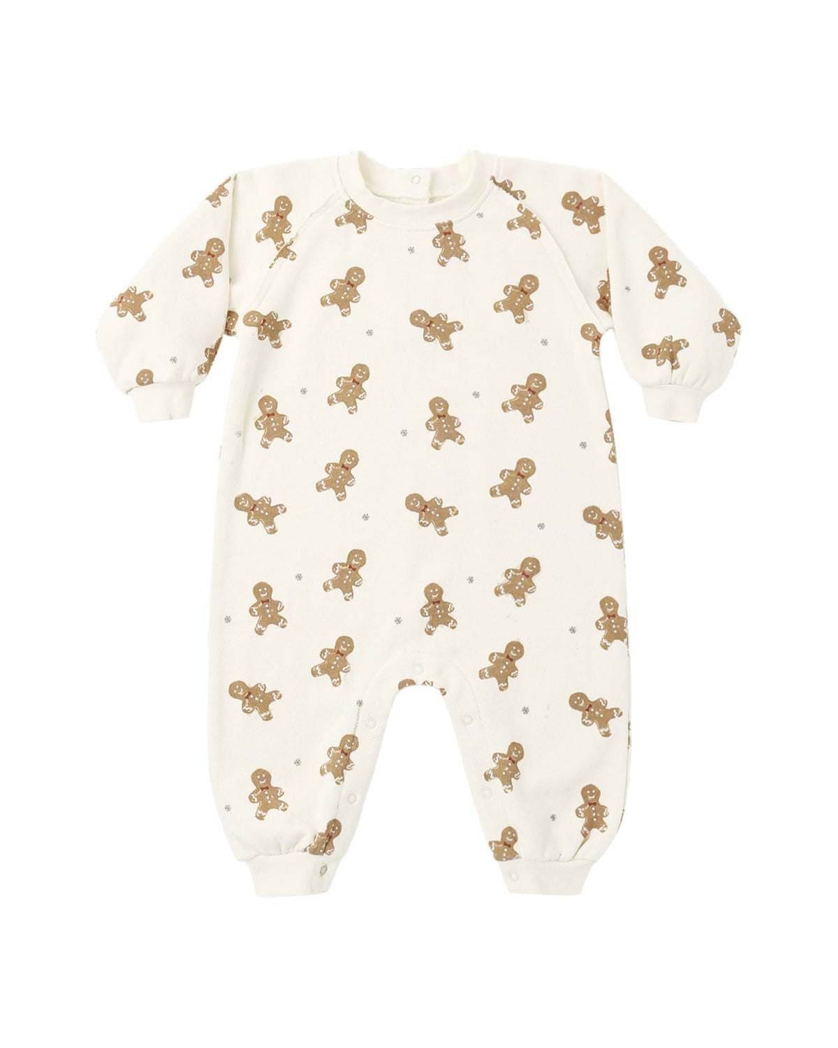 An off-white baby long-sleeve footless one-piece romper with an all-over print of small brown gingerbread men and tiny brown stars, shown on a plain white background.