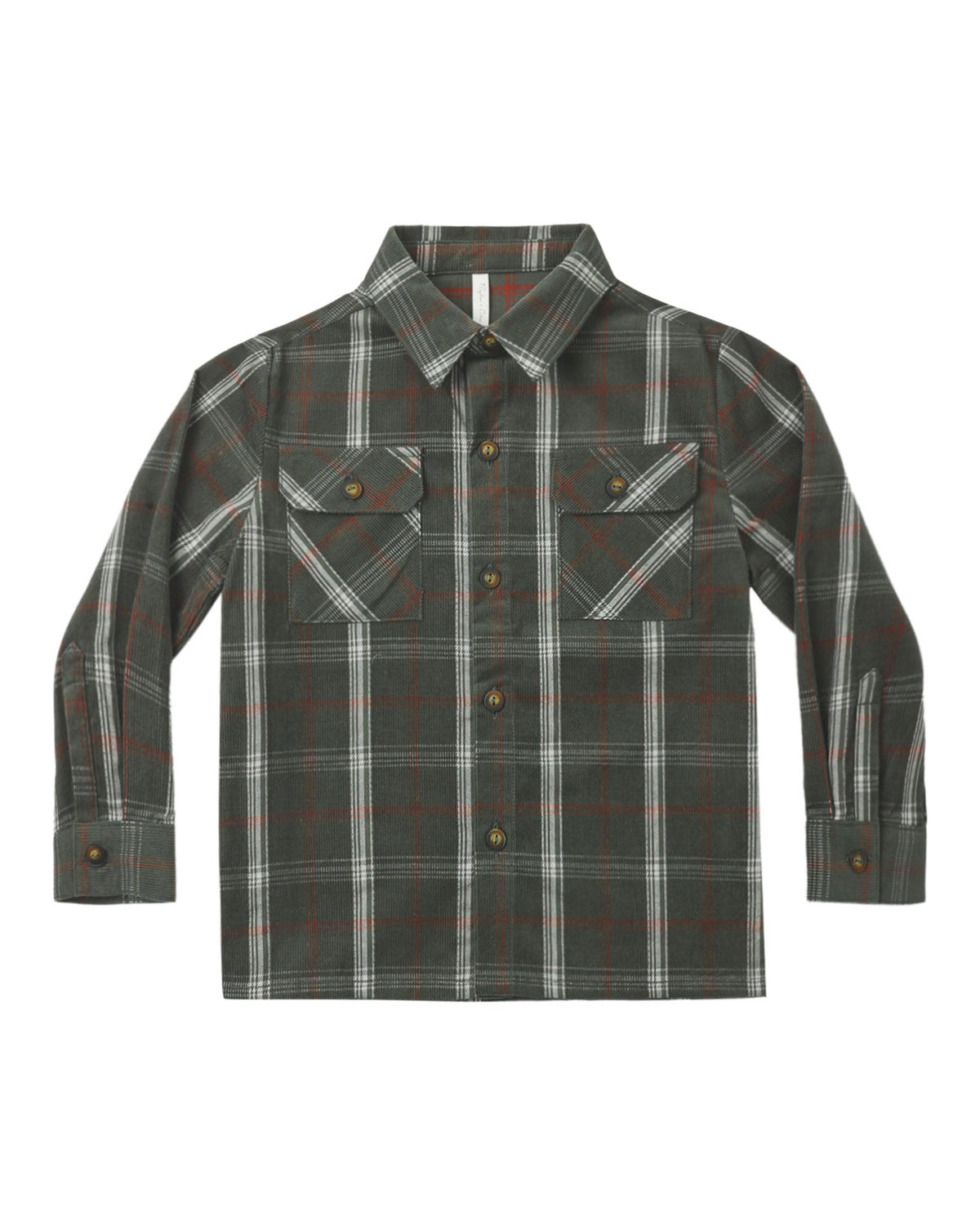 A long-sleeve button-up plaid shirt in dark gray, black, and white with subtle red accents, displayed flat against a solid white background.
