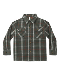 A long-sleeve button-up plaid shirt in dark gray, black, and white with subtle red accents, displayed flat against a solid white background.