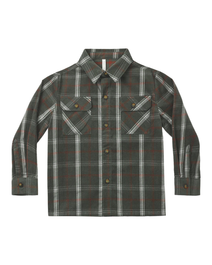 A long-sleeve button-up plaid shirt in dark gray, black, and white with subtle red accents, displayed flat against a solid white background.