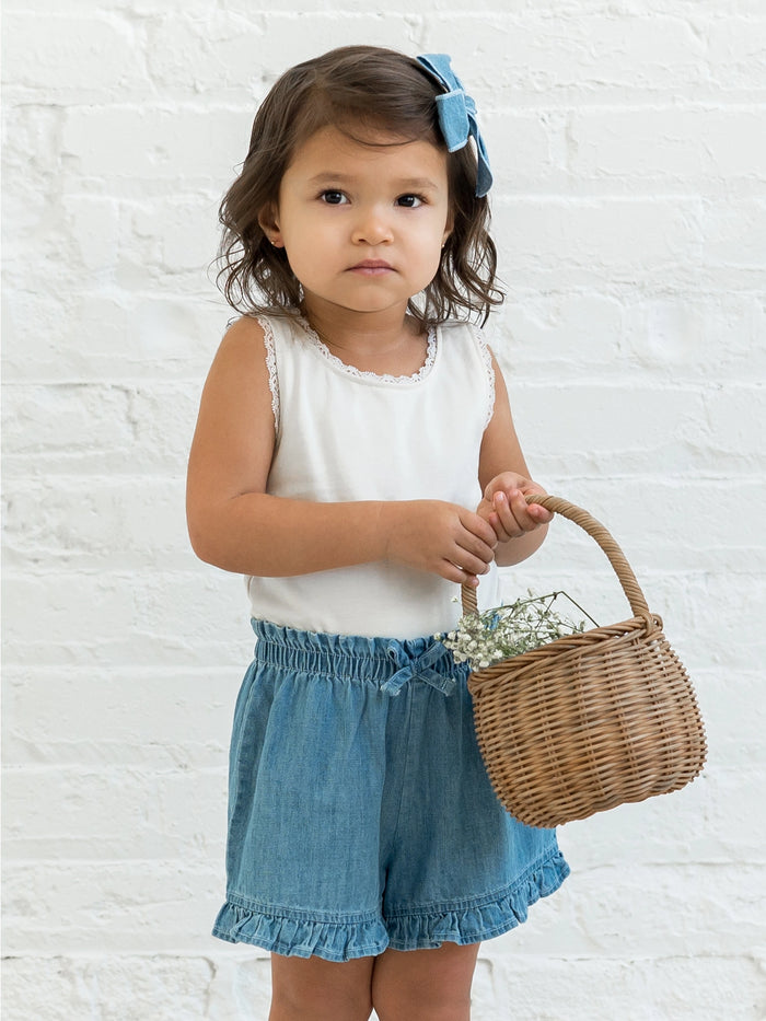 Chambray Ruffle Waist Shorts