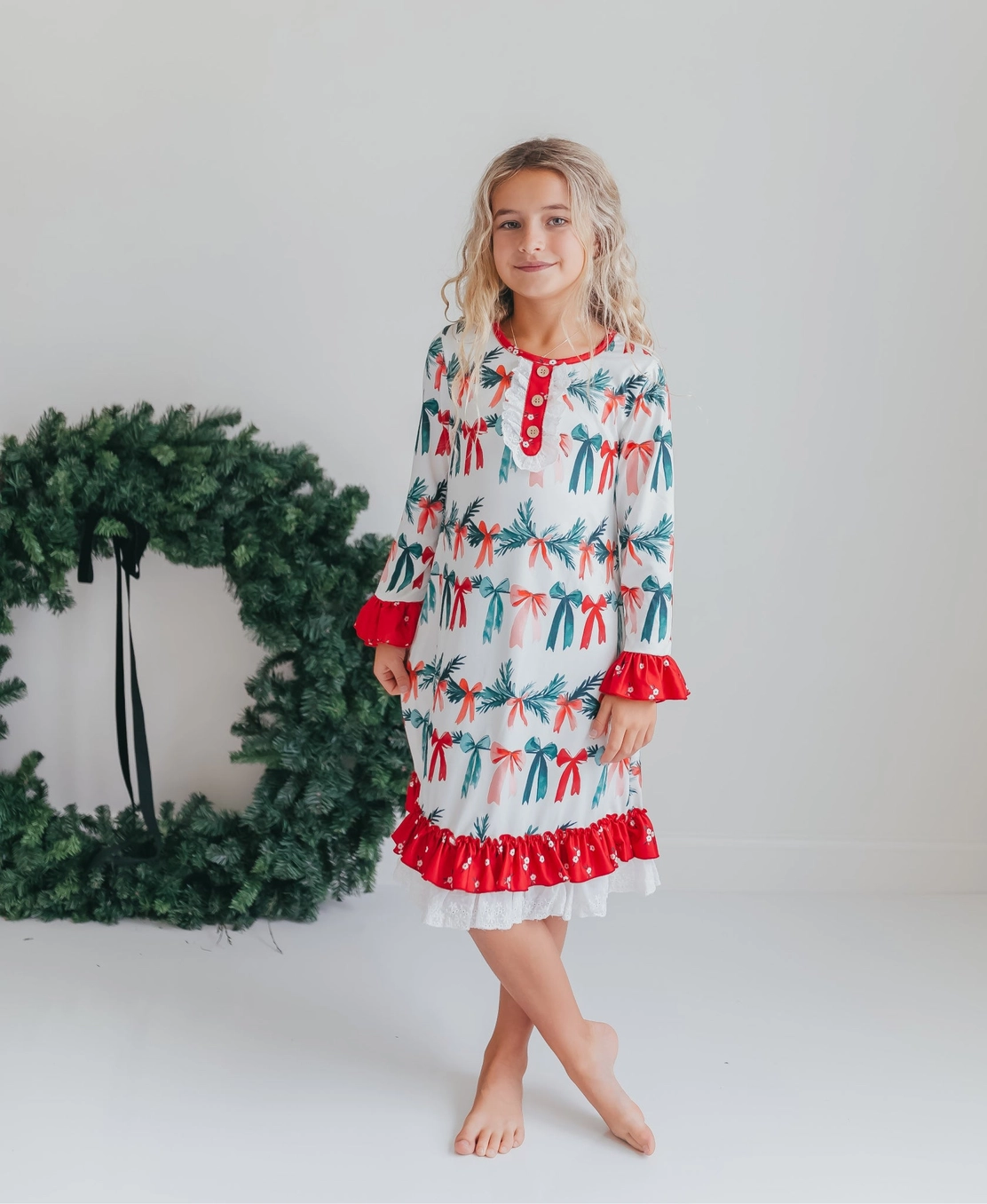 Holly Bows Ruffle Nightgown