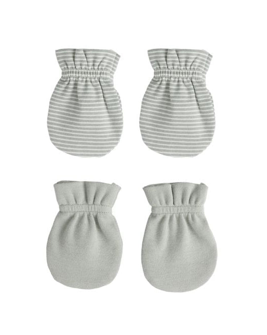 Four pairs of baby gloves, two in striped pattern and two in solid color, on a white background.