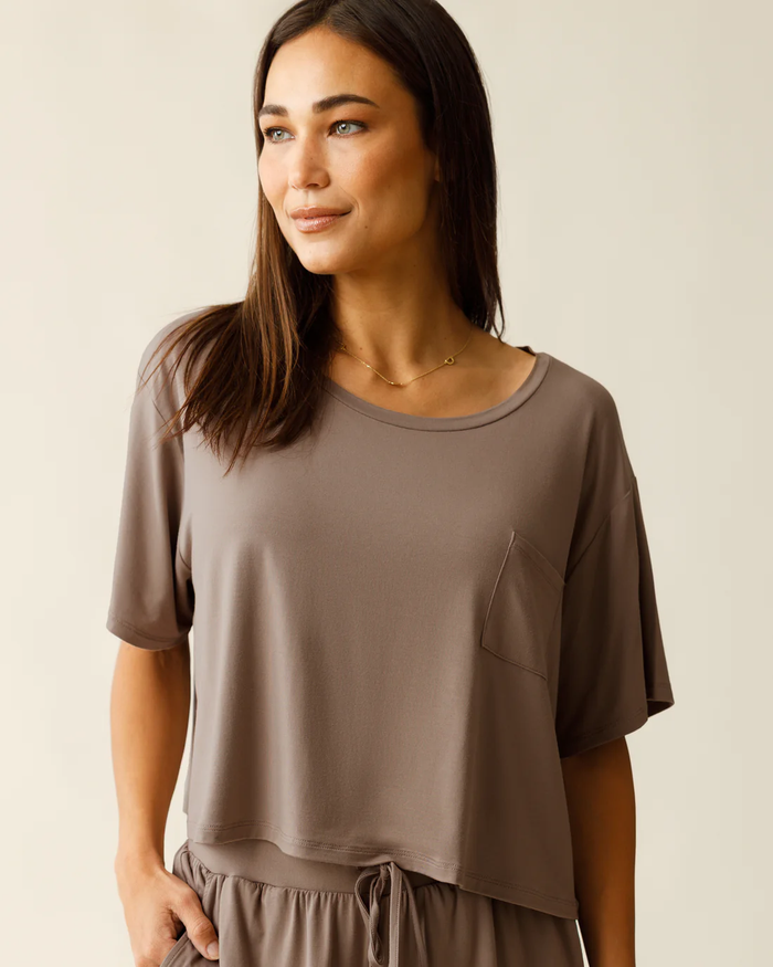 Taupe Aria Bamboo Cropped Short Sleeve Top