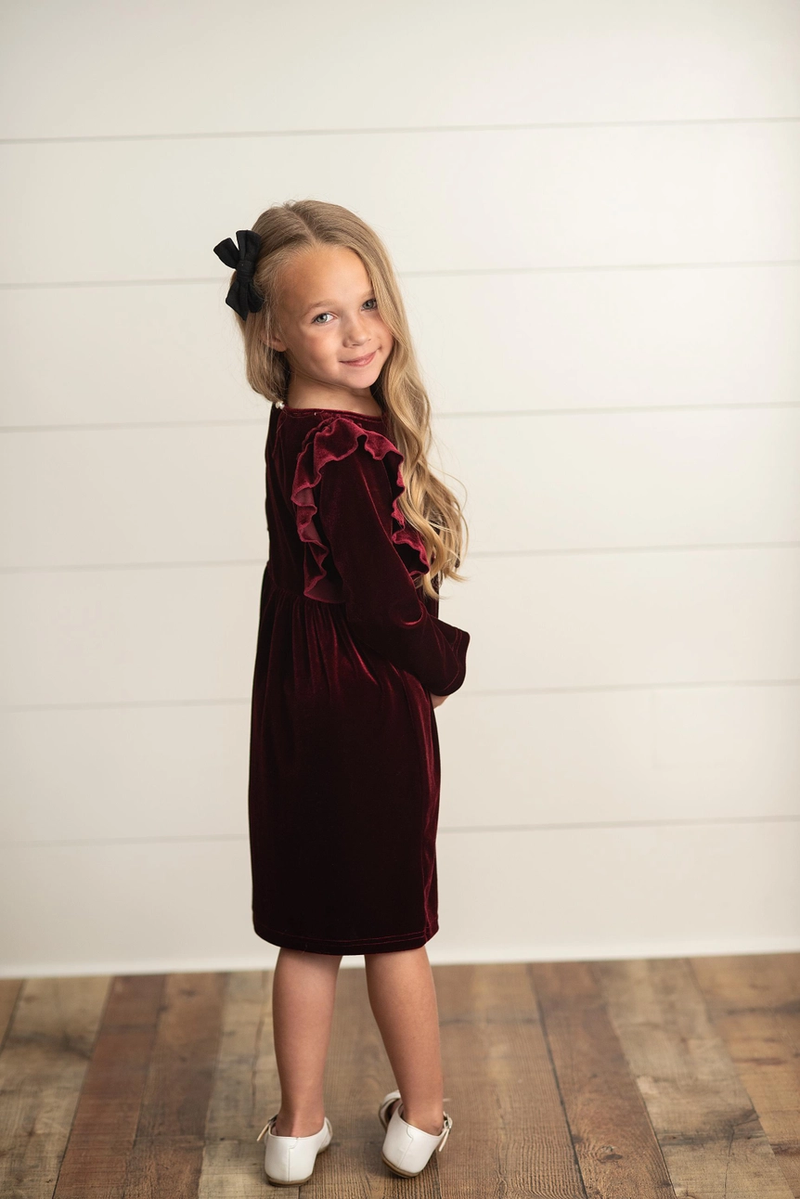 Wine Velvet Ruffle Dress