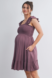 Plum Flutter Sleeves Maternity Dress