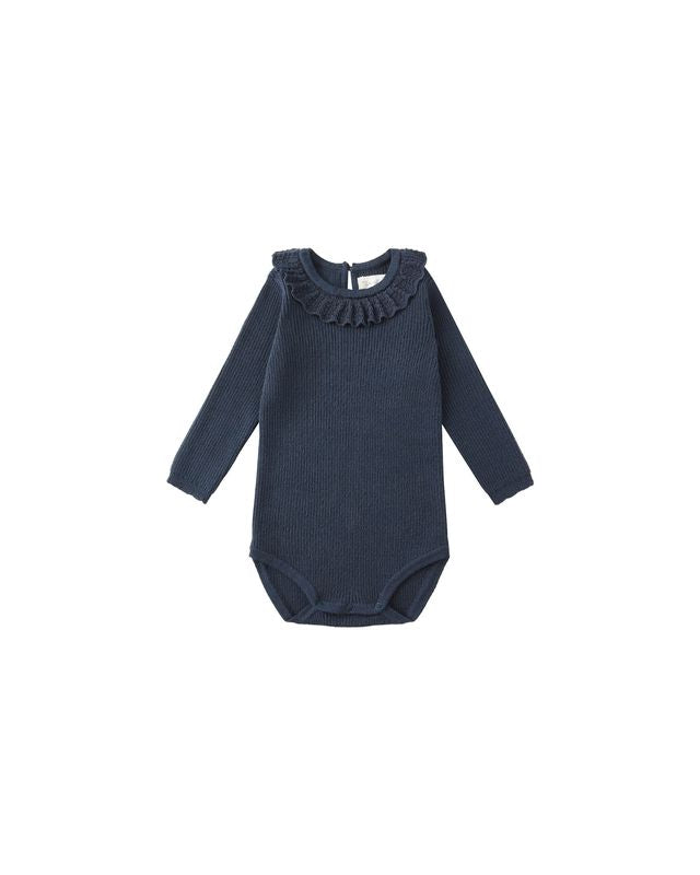 Navy Ruffle Collar Bodysuit