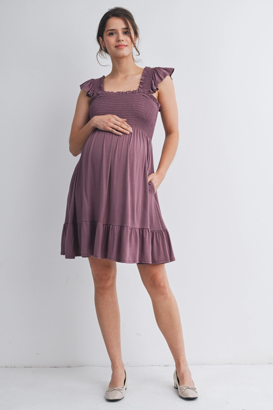 Plum Flutter Sleeves Maternity Dress