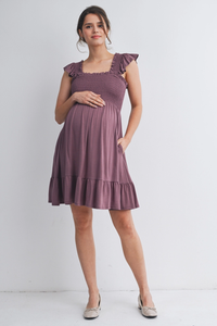 Plum Flutter Sleeves Maternity Dress