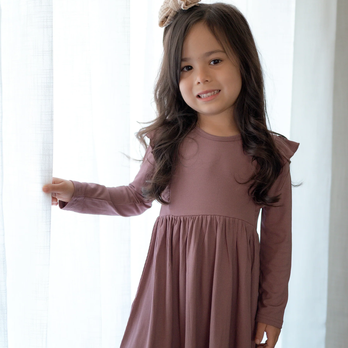 Plum Small Ribbed Ruffle Long Sleeve Dress