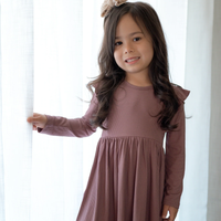 Plum Small Ribbed Ruffle Long Sleeve Dress