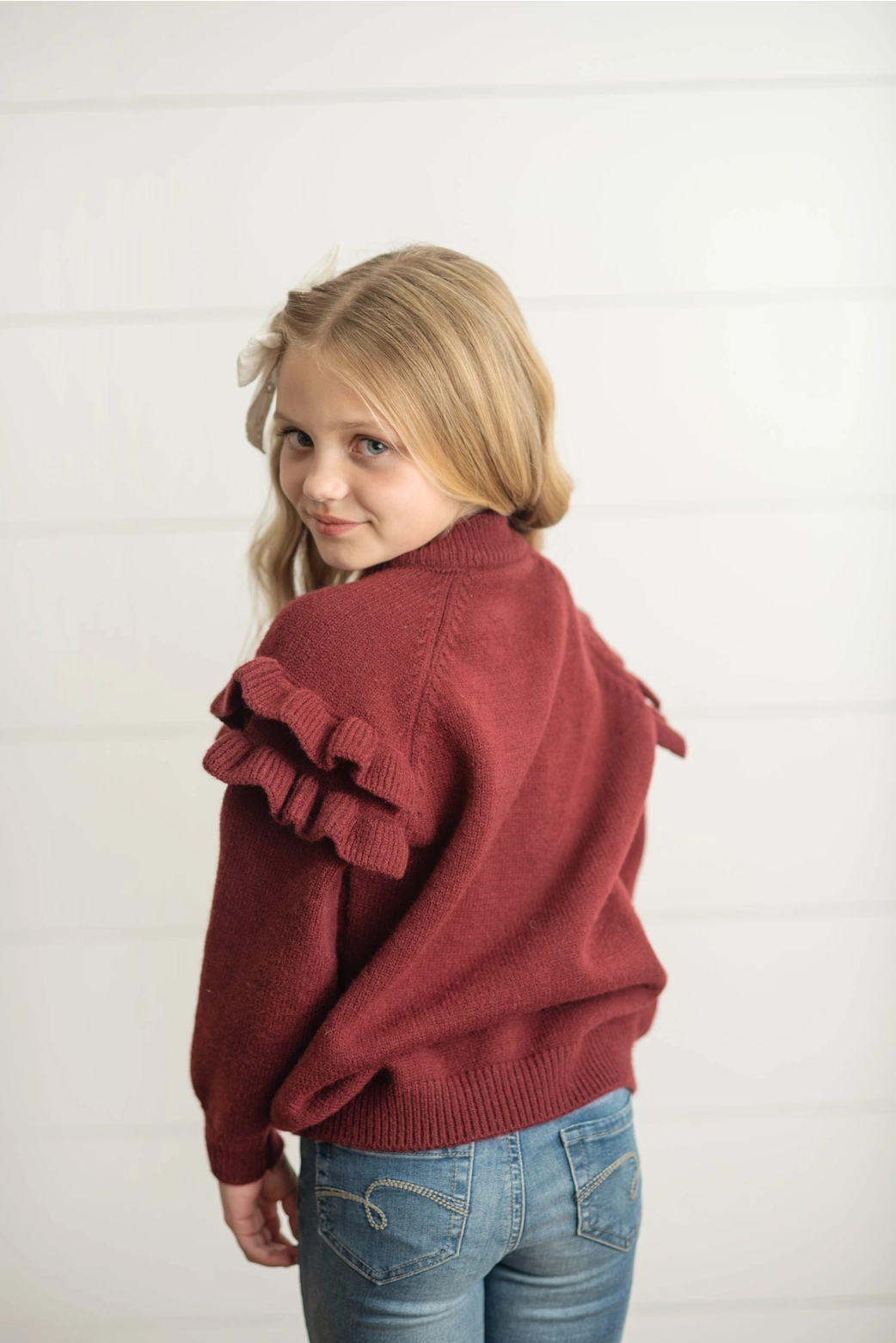 Burgundy Double Ruffle Knit Sweater