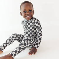 Checkered Lightning Bolt Small Ribbed Zip Romper