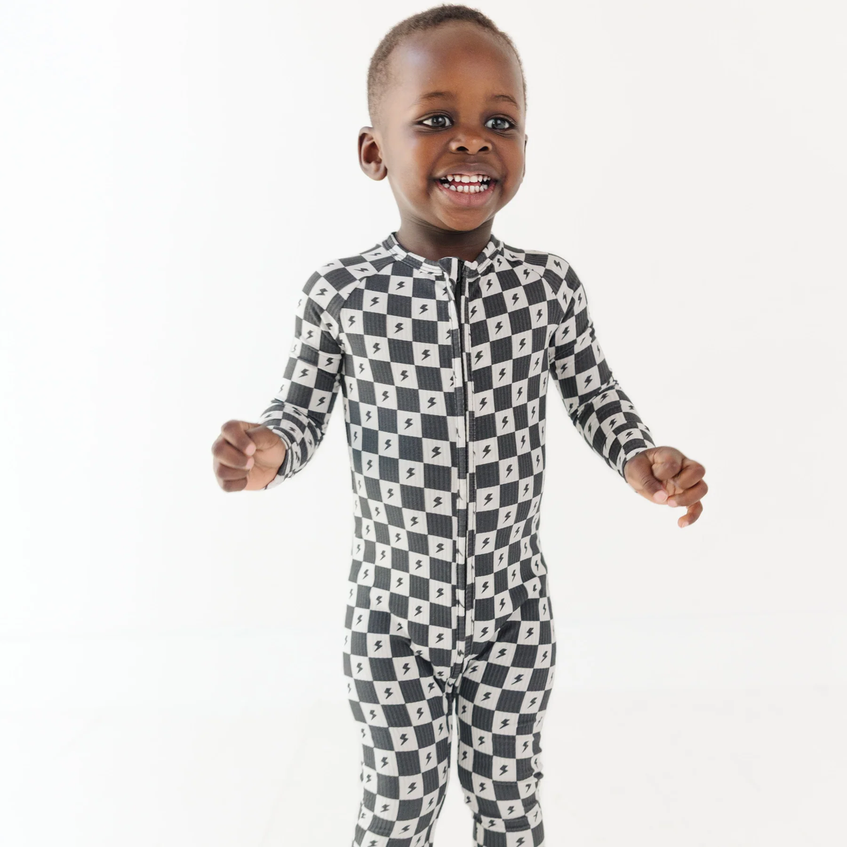 Checkered Lightning Bolt Small Ribbed Zip Romper