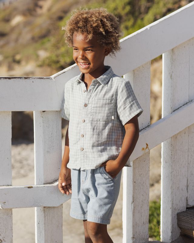 Green Gingham Collared Short Sleeve Shirt