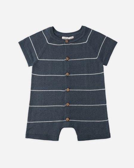 Navy blue romper with white stripes on a white background