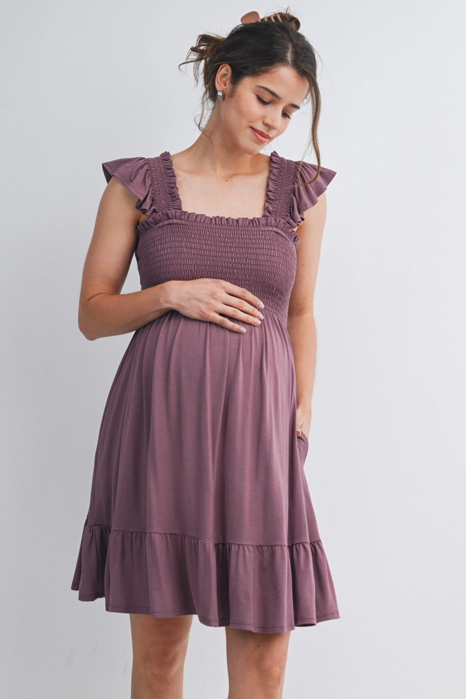 Plum Flutter Sleeves Maternity Dress