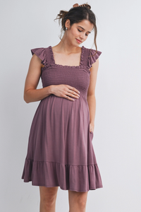 Plum Flutter Sleeves Maternity Dress