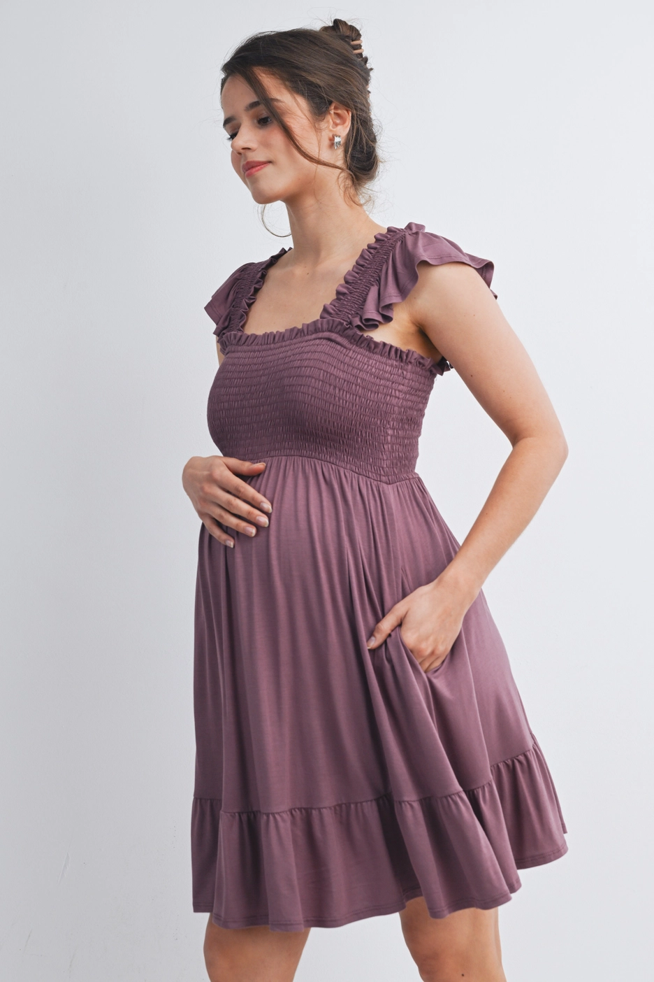 Plum Flutter Sleeves Maternity Dress