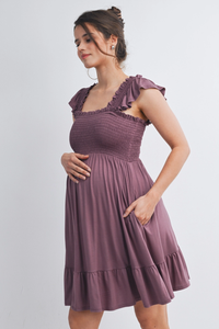 Plum Flutter Sleeves Maternity Dress