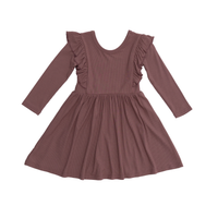 Plum Small Ribbed Ruffle Long Sleeve Dress
