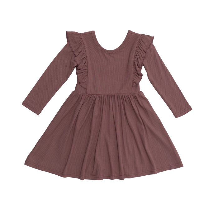 Plum Small Ribbed Ruffle Long Sleeve Dress