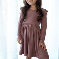 Plum Small Ribbed Ruffle Long Sleeve Dress