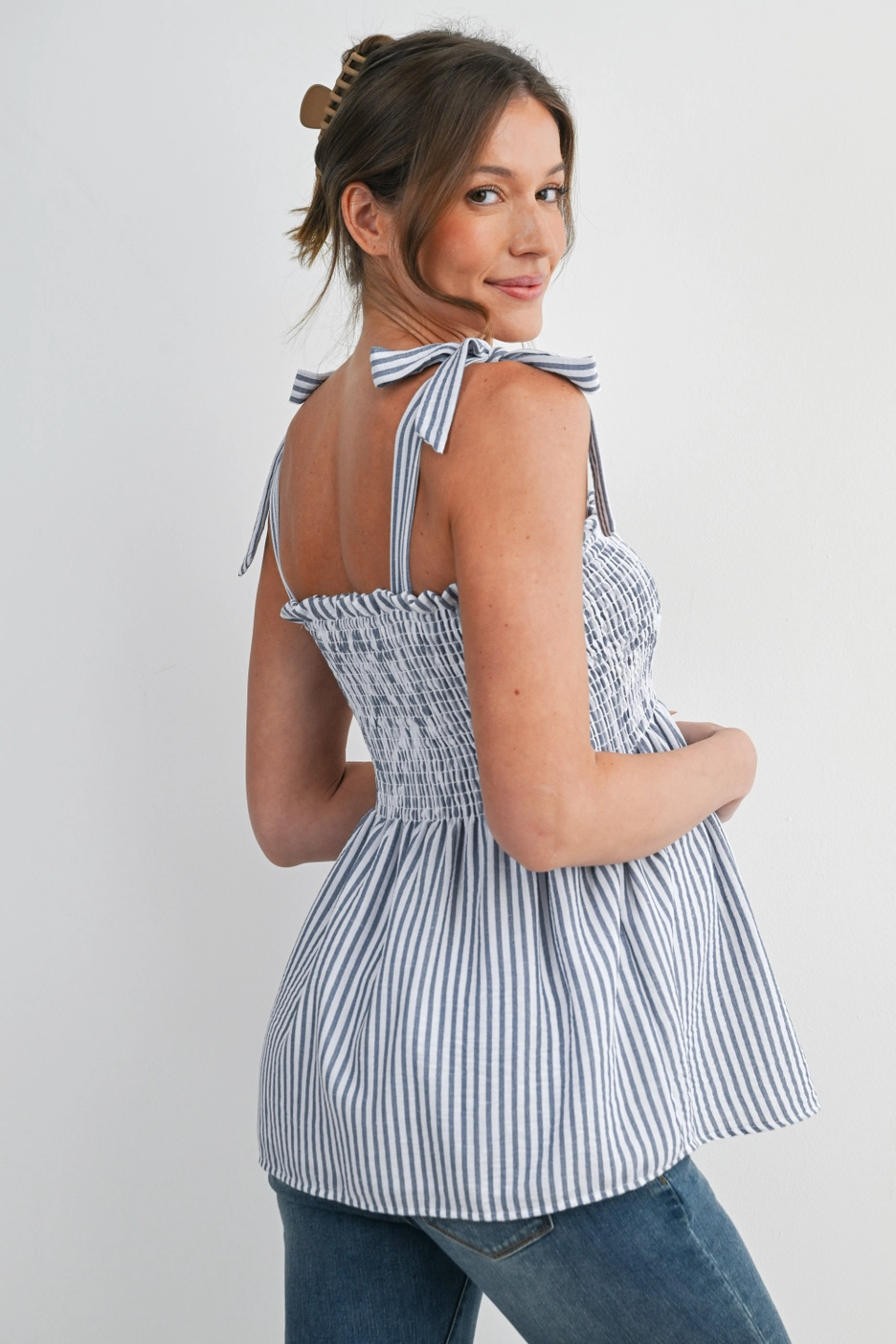 Denim Stripe Smocked Maternity Top
