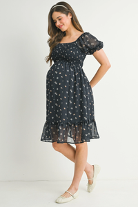 Navy Floral Smocked Maternity Ruffle Dress