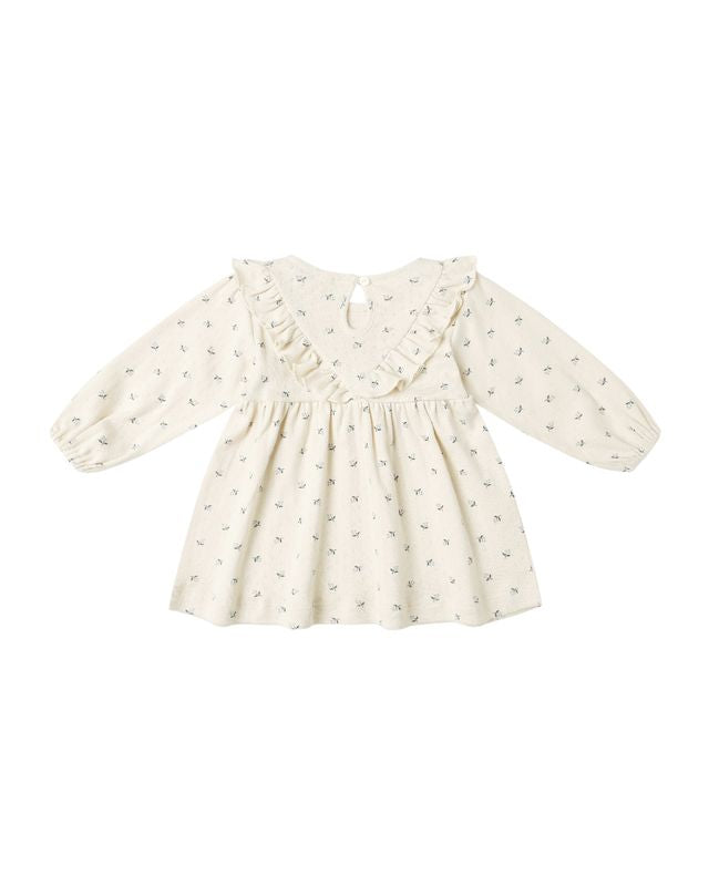 Blue Ditsy Long Sleeve Ruffle Dress