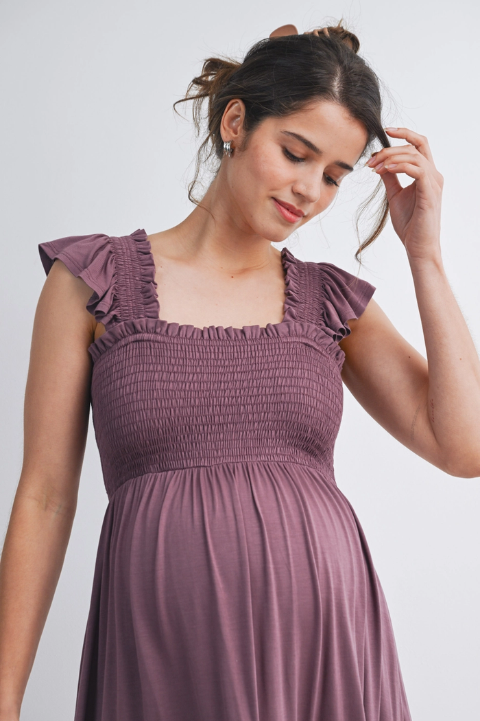 Plum Flutter Sleeves Maternity Dress